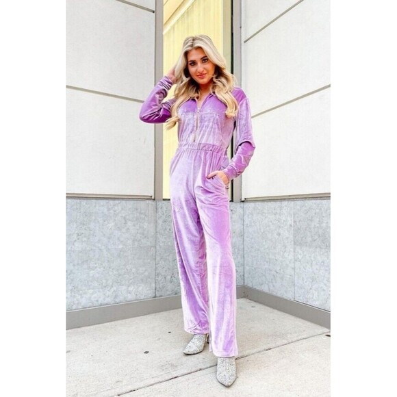 NWT Fabletics Womens Velour Zip Up Wide Leg One Side Jumpsuit 2X Lavender Purple - Picture 3 of 14